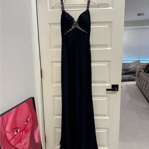 Faviana Navy Blue Prom Dress with Embellished Straps